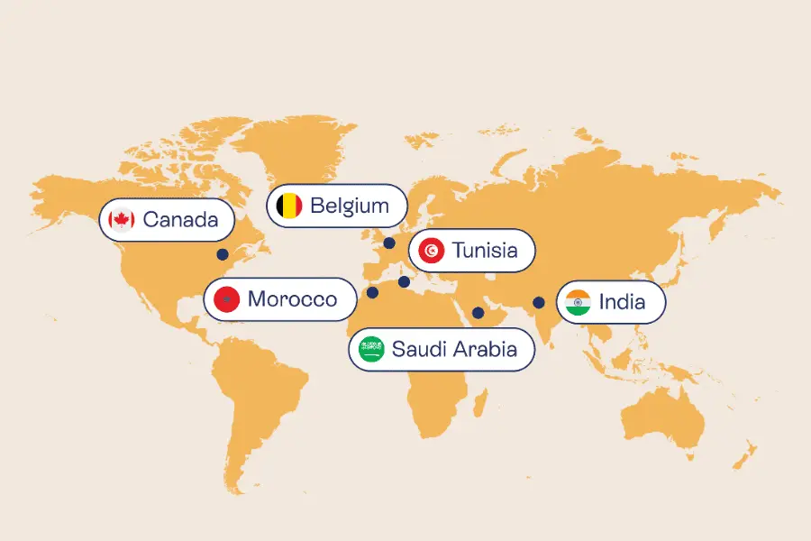 Map of Eezee Group’s six international offices to better serve you: Canada, Belgium, Morocco, Tunisia, Saudi Arabia, and India.